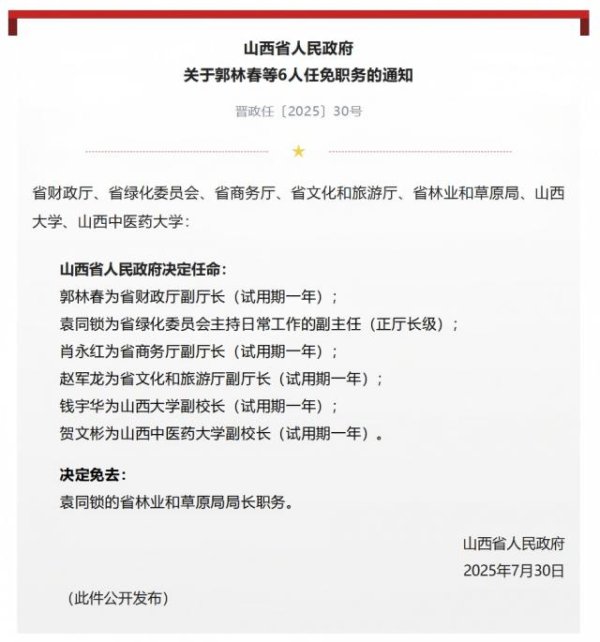 配资行情最新消息 山西省人民政府决定：袁同锁履新